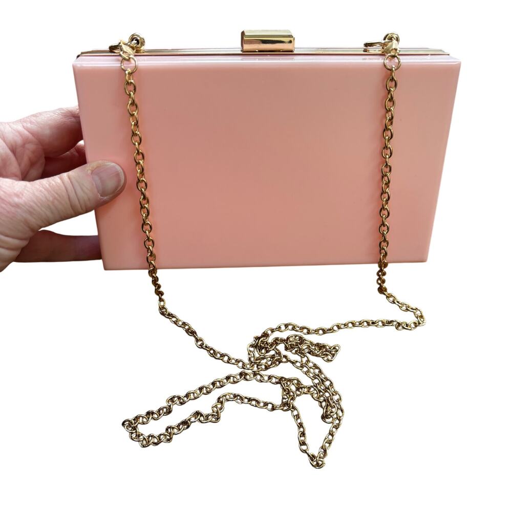 Light Pink Box Style Evening Bag Dressy Purse Gold Chain Hardware Rigid Plastic